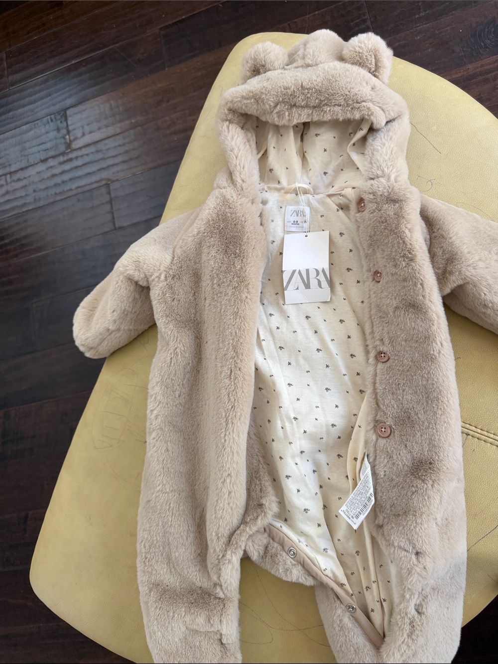 Zara Beige Plush Baby Footie with Bear-Ear Hood